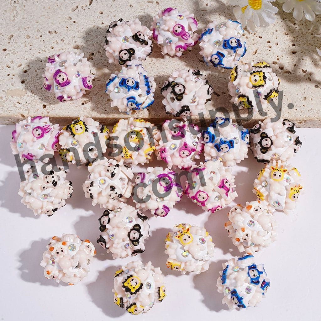 Cute Baby Angel & Animal Characters with Hats and AB Rhinestones, Silicone Focal Beads, 18MM, Multi-Color Random Mix