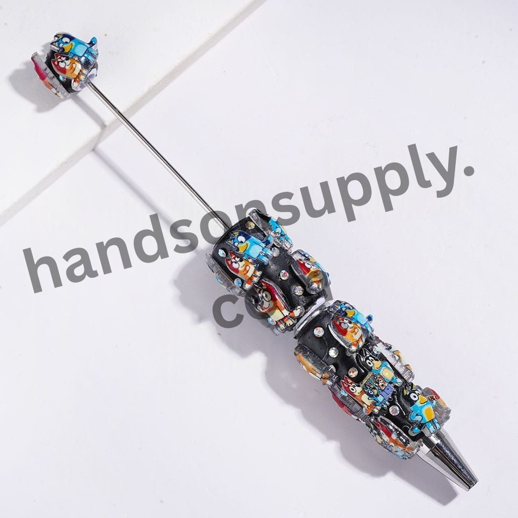 Black and White Beadable Clay Pen Featuring a Friendly Blue Dog Family Character with Sparkling AB Rhinestones and White Pearls