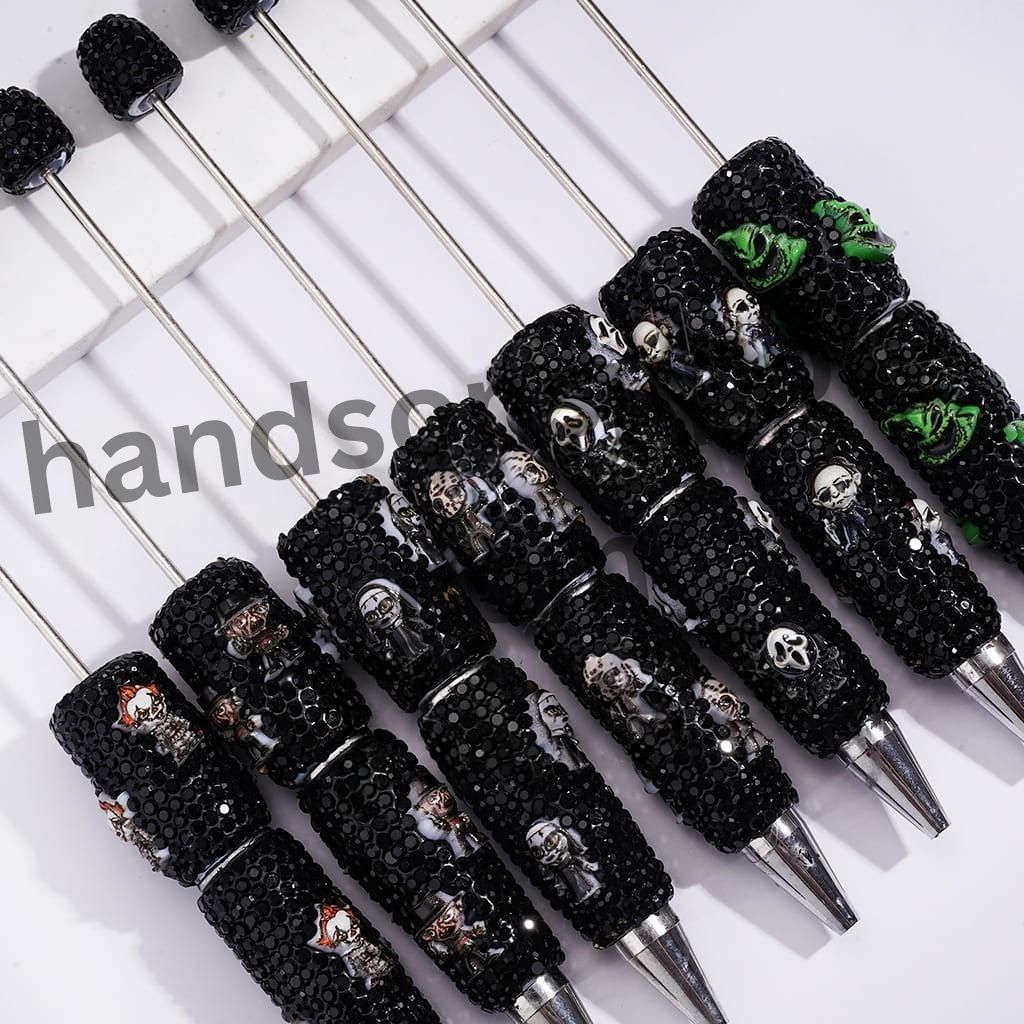 Spooky Horror Character Series with Sparkling Black Rhinestones, Halloween-Themed Beadable Clay Pens