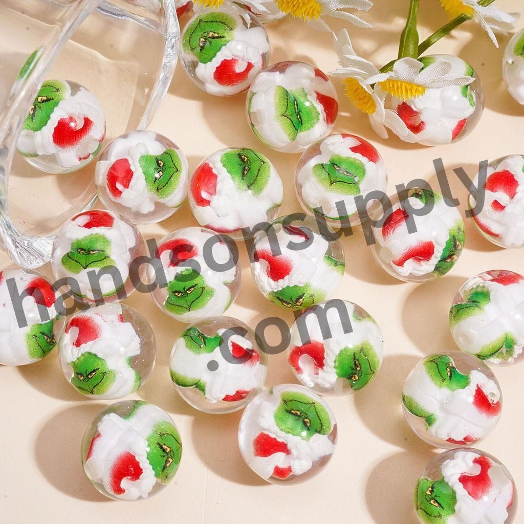 Green Christmas Character Grinch Head Embedded Inside Clear Round Acrylic Beads for Bracelets, 16MM, Random Mix