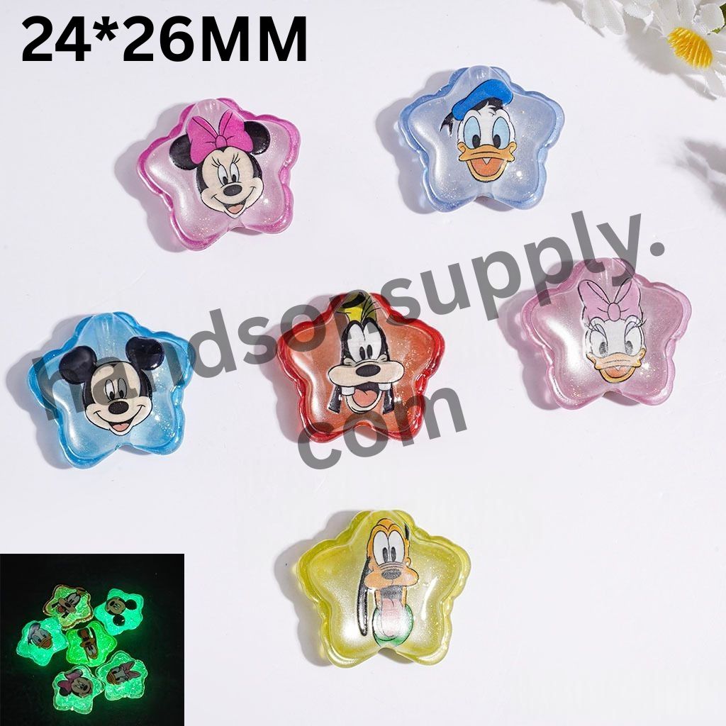 Luminous Classic Animal Characters Girl, Boy, Mouse, Duck & Dog Glitter Star-Shaped Acrylic Beads, 24*26MM, Multi-Color Random Mix