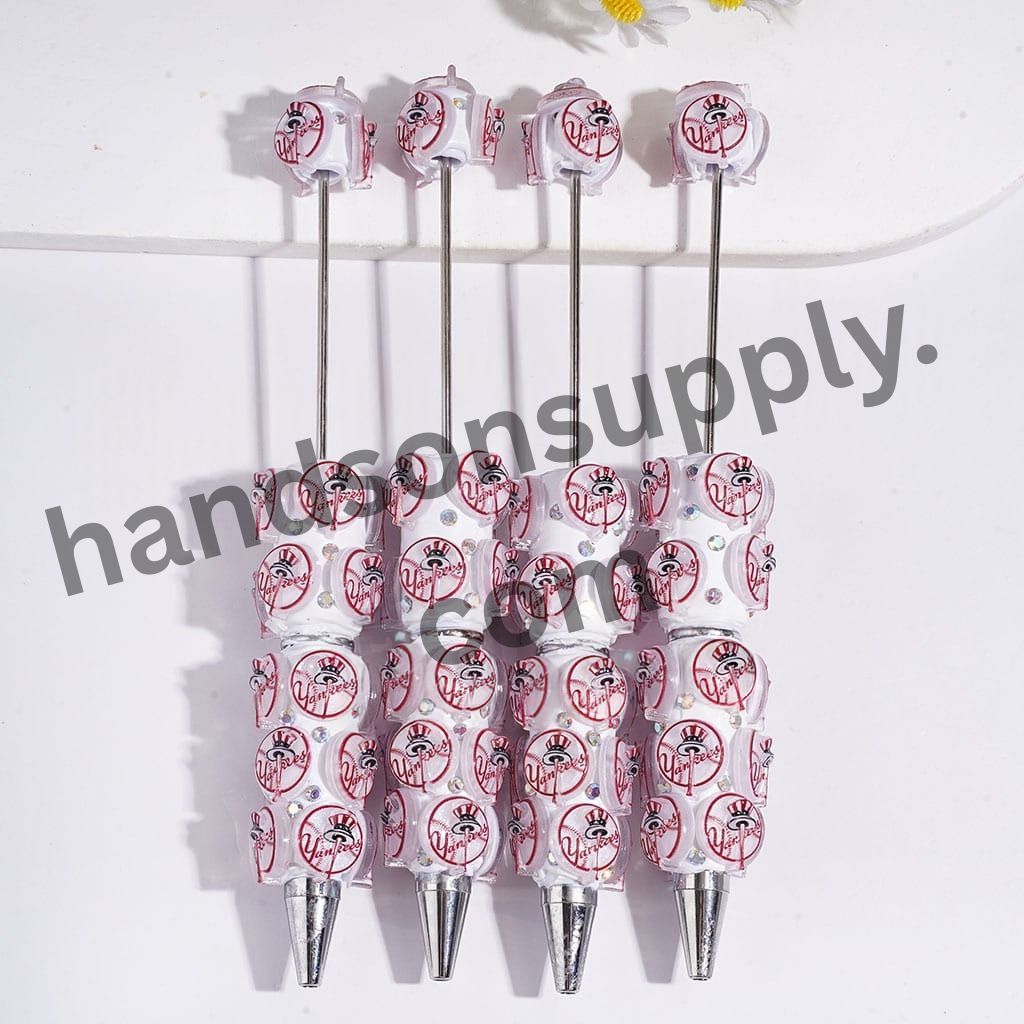 American NY Yankees Baseball Circle Team Logo Red & White Beadable Clay Pens with AB Rhinestones