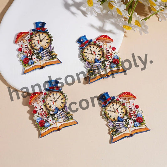 Alice in Wonderland White Rabbit Mushroom Clock Plants Bowls Tea Party Book Acrylic Pendant, 45×35MM