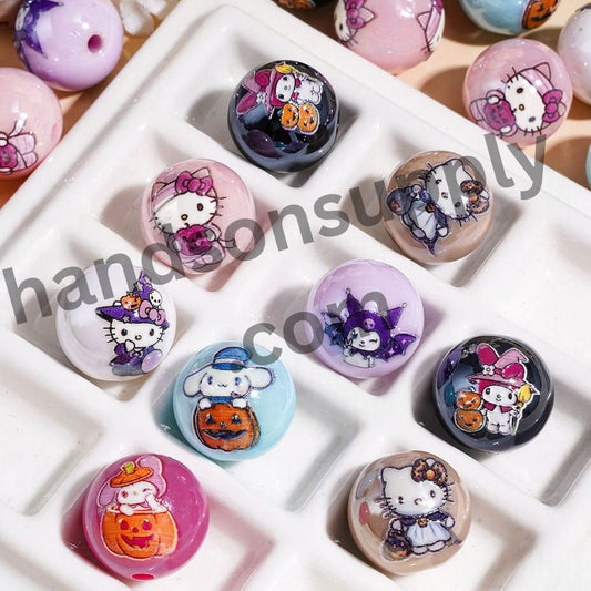 Cute Halloween Kitty Character Printed Round Acrylic Beads for Bracelets, 16MM, Assorted Colors, Random Mix