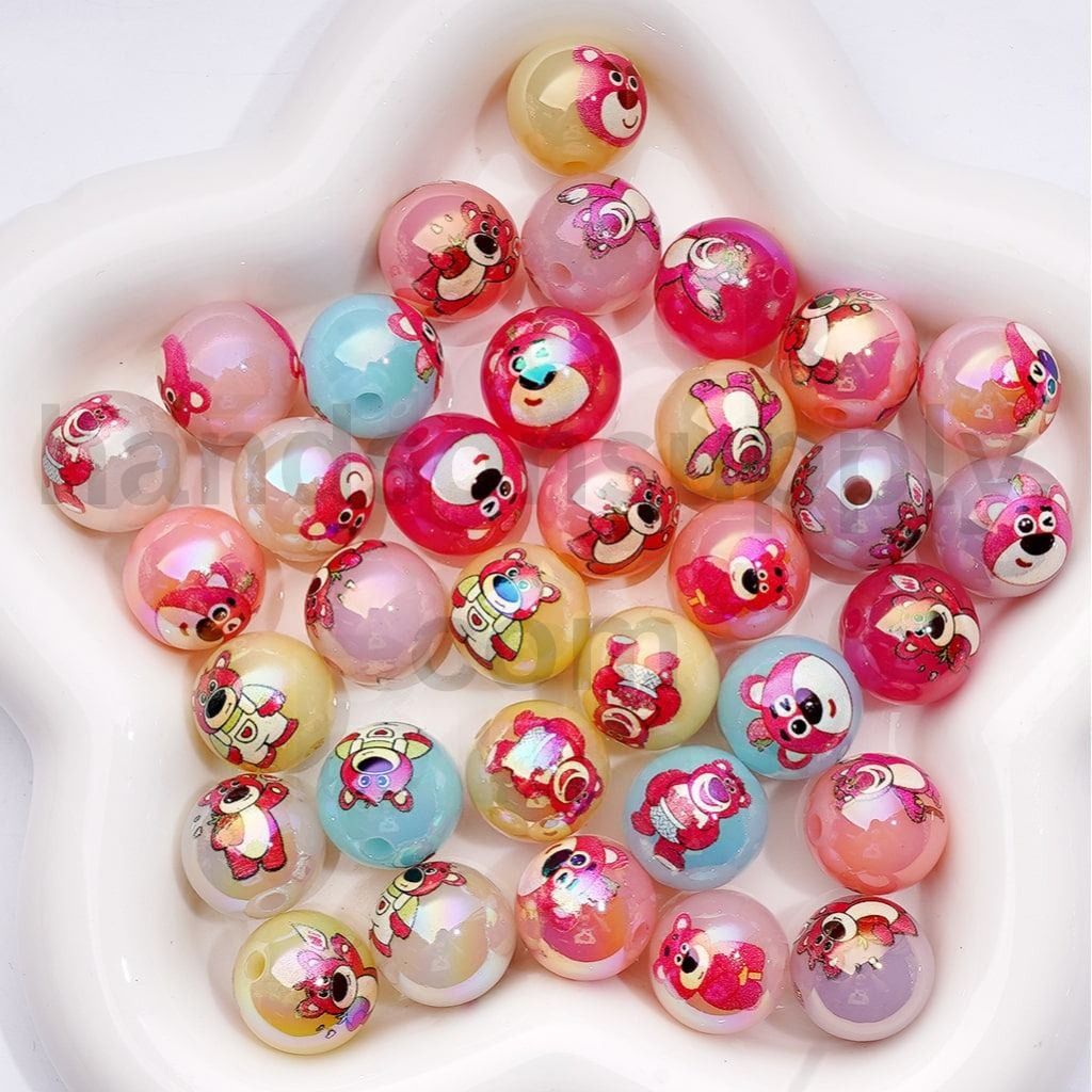 UV Coated Pink Bear Design Clear White Jelly Color Acrylic Beads 16MM