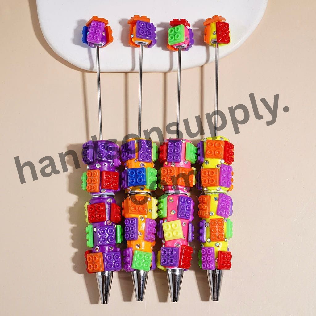 Colorful Building Block Bricks Piece Theme Beadable Clay Pens with AB Rhinestones, None Color