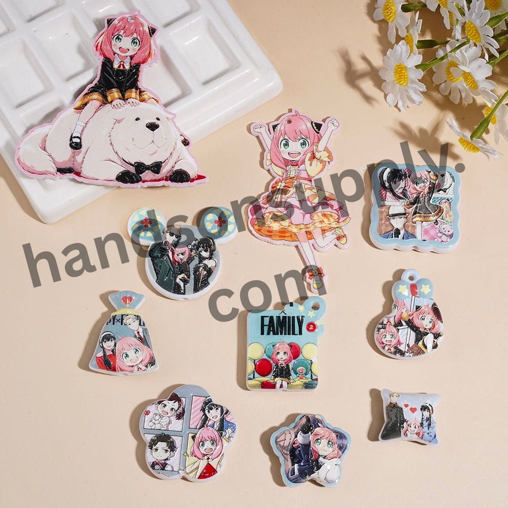 Cute Pink-Haired Anime Girl Magical Secret Family Theme Printed Acrylic Beads & Pendants, Various Shapes & Designs, Random Mix