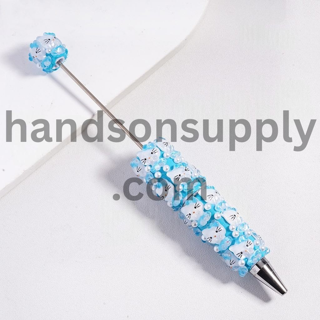 Cute Cat Character Wearing Skirt with Bowtie on Head and White Pearls Beadable Clay Pen Random Mix