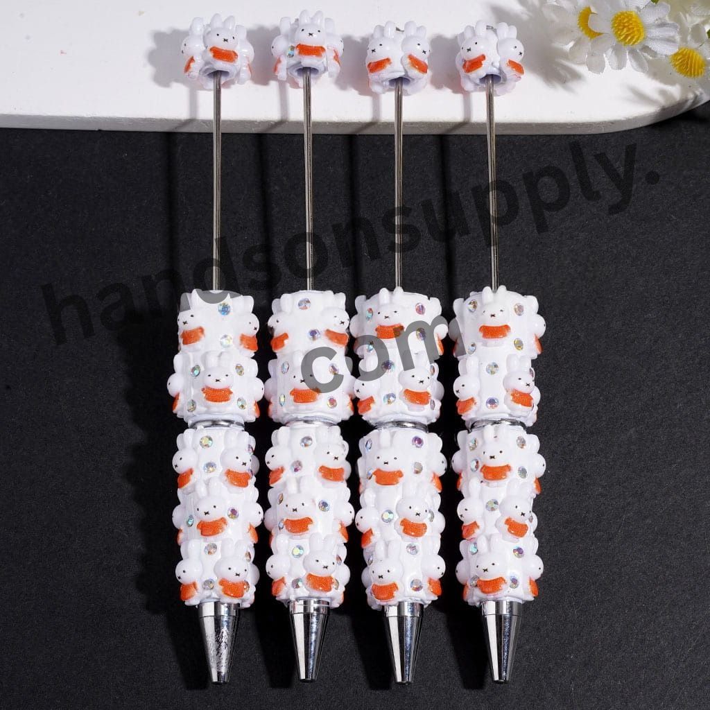 Cute White Bunny Rabbit with Orange Scarf & AB Rhinestone on White Background Beadable Clay Pens