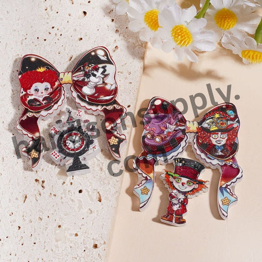 Girl Falling into Rabbit Hole Fantasy Storybook Printed Bow & Ornament Acrylic Beads Pendant, Multi Colors Random Mix  (Please Read Description)