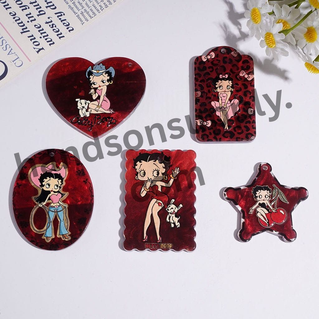 Dark Red Old Girl Character Series Printed Acrylic Pendant Charms, Assorted Shapes, Random Mix