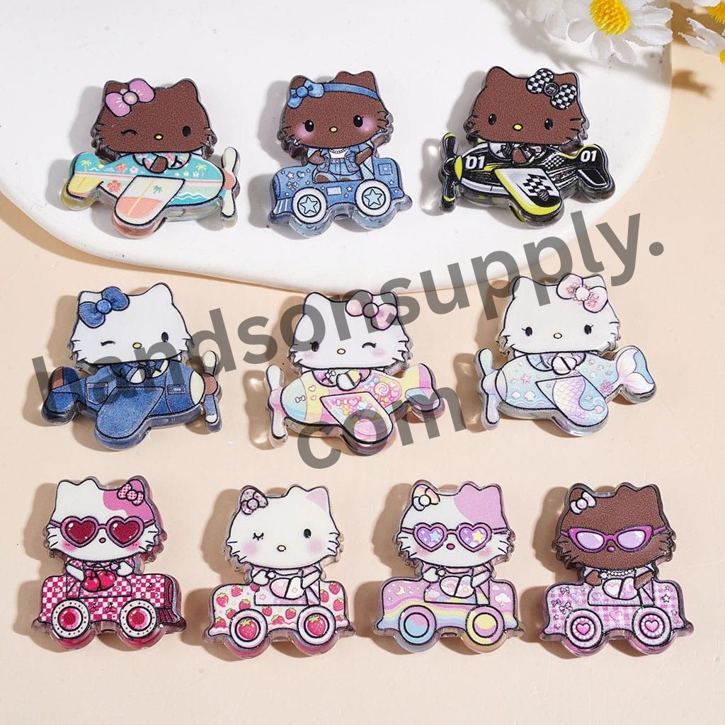 Cute Cat Character Driving Plane & Car Semi-Clear Acrylic Beads, Variant Designs, Multi-Color Random Mix