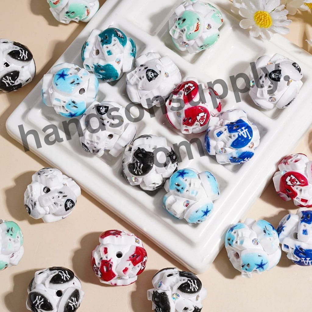 USA Americanm Baseball Team Helmet Series Football Sports Theme Clay Beads with AB Rhinestones, 20MM Multi-Color Random Mix