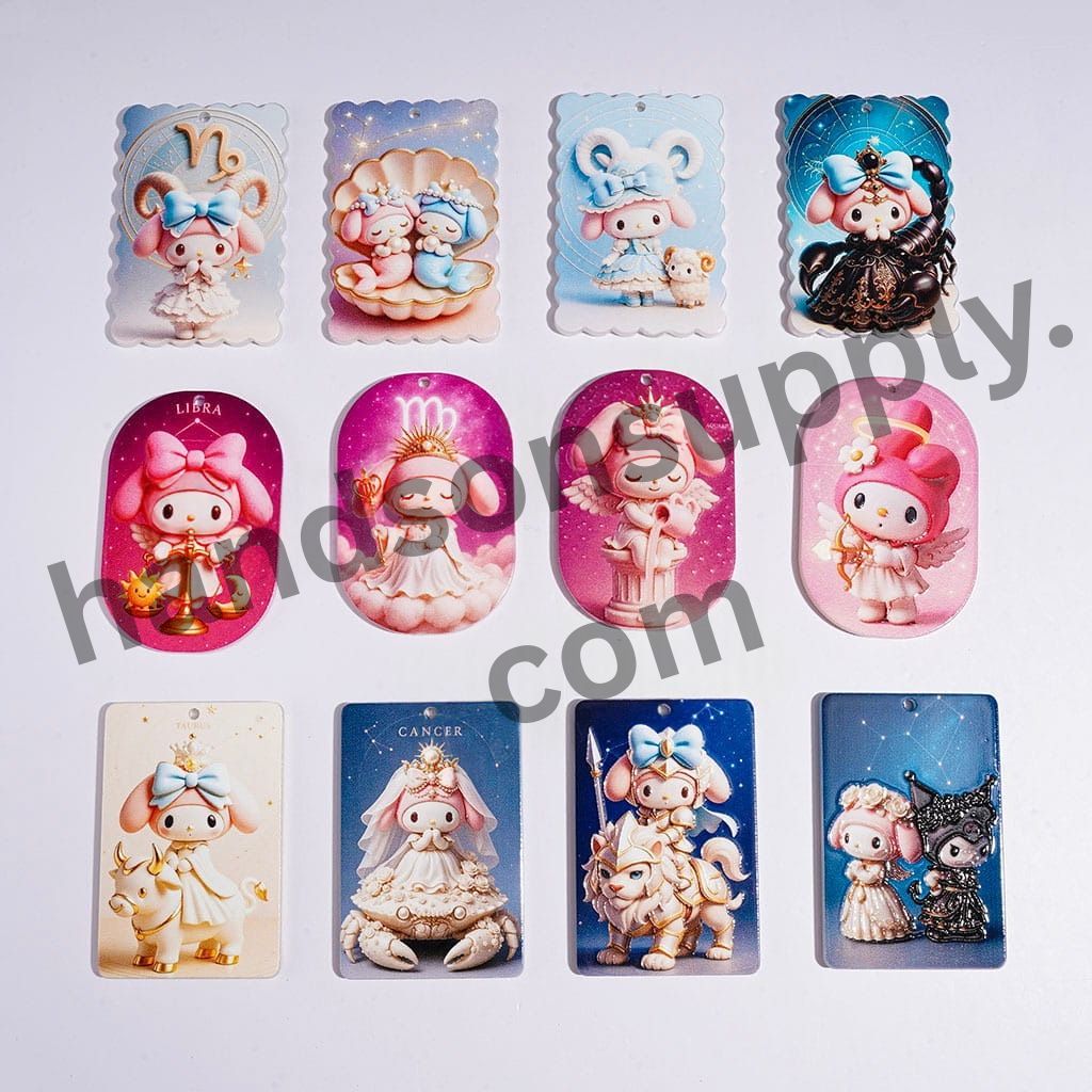Cute Zodiac Constellation Bunny & Fantasy Animal Character, Assorted Designs, Flat Rectangle Shape Acrylic Pendants, Random Mix