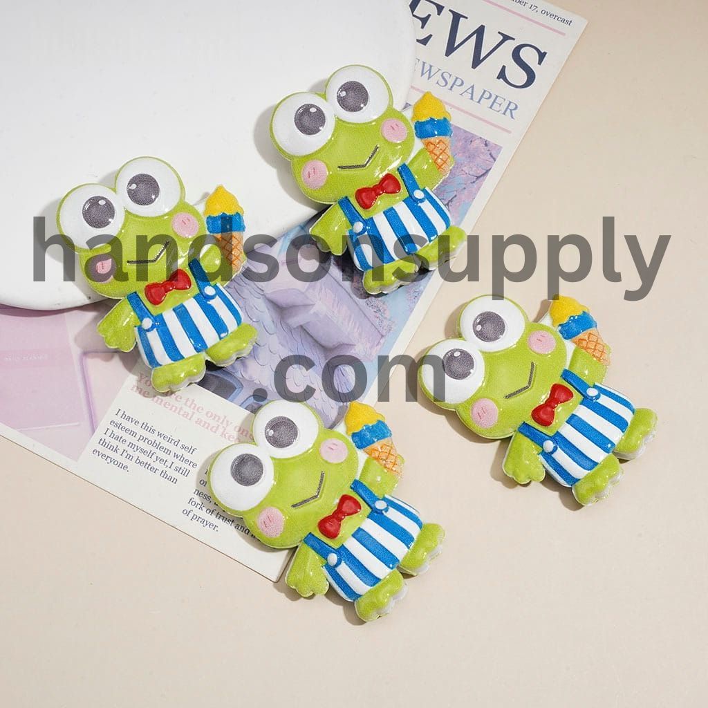 Cute Big-Eyed Frog Character with Red bow Holding Yellow Ice cream Raised Pattern Acrylic Beads, 50*41MM