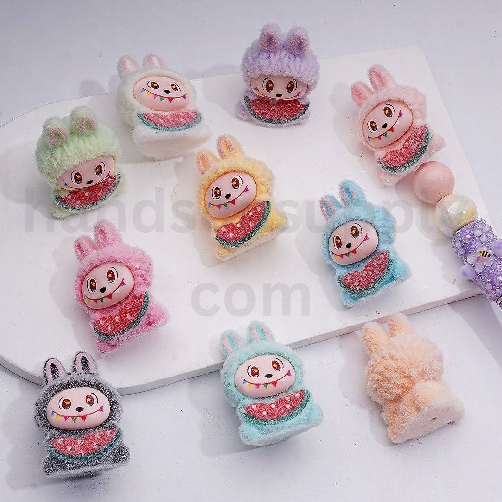 Cute Watermelon Pendants Pen Topper Flocked Labub Eats Acrylic Beads Jewelry Accessories, 40*28MM, Random Mix