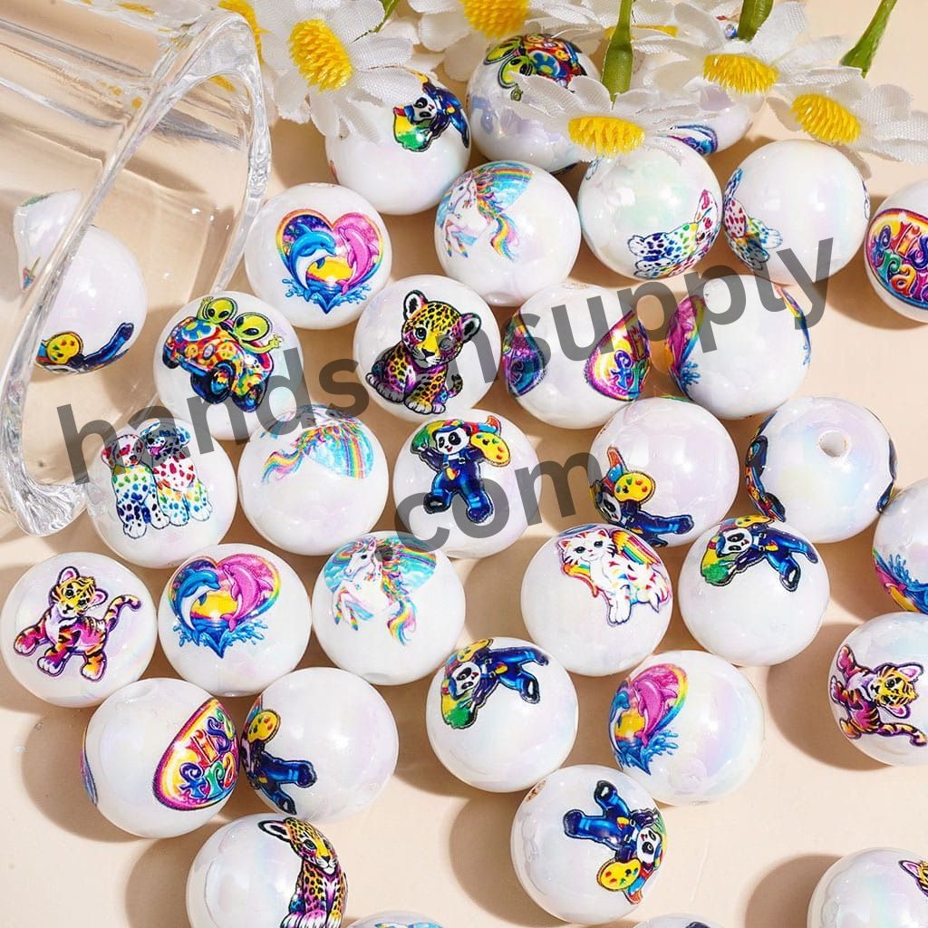 UV Coated White Iridescent Cute Animal & Fantasy Character Printed Round Acrylic Beads for Bracelets, 16MM, Assorted Designs, Random Mix