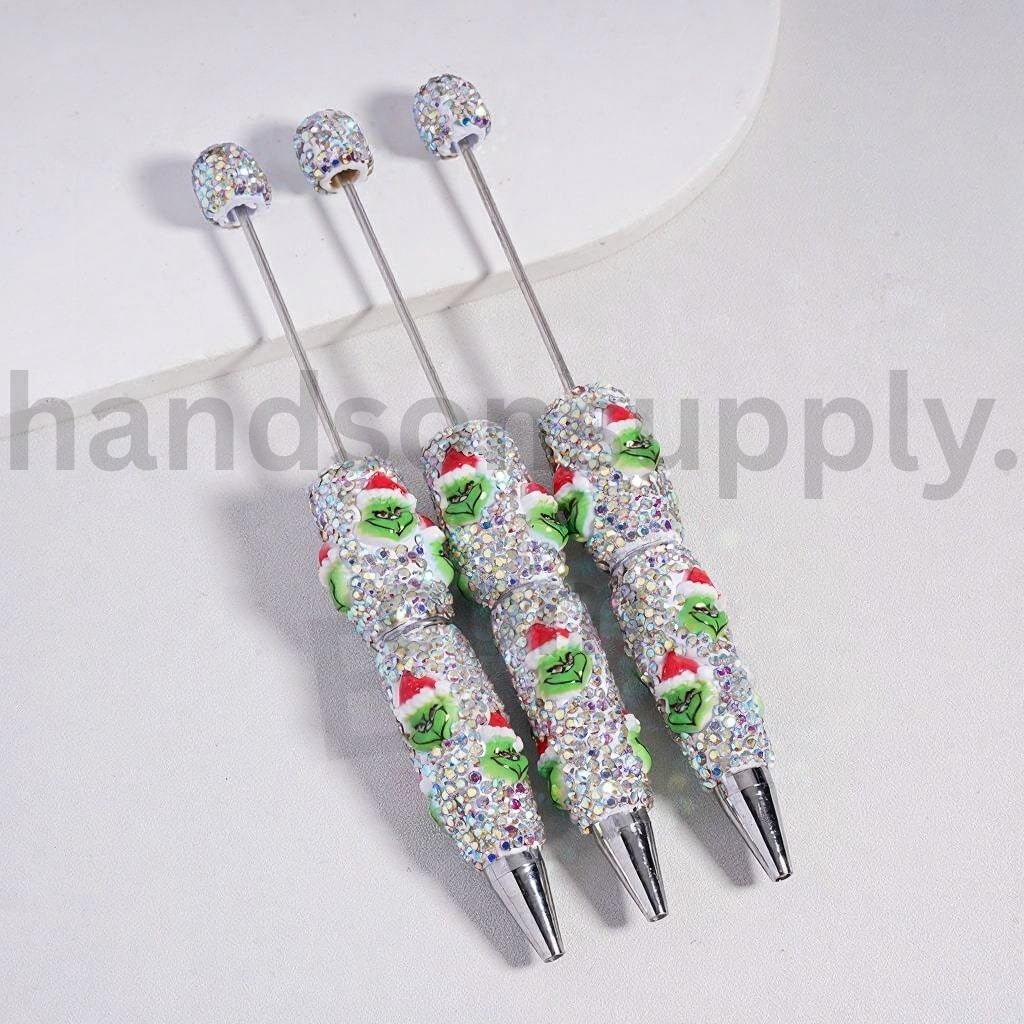 Cute Green Monster Christmas Hat AB & Black Rhinestone Beadable Clay Pen