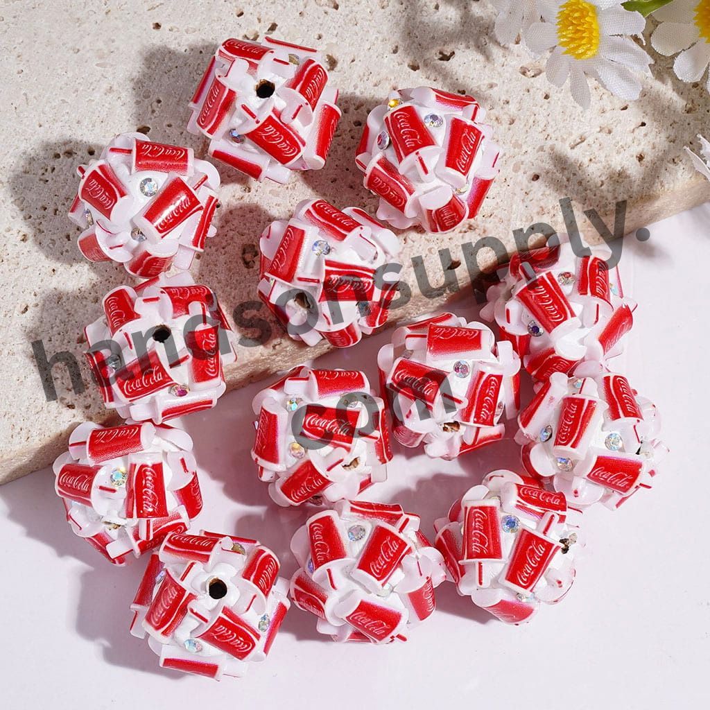 Red & White Soft Drink Can Cup Round Clay Beads with AB Rhinestone,18MM