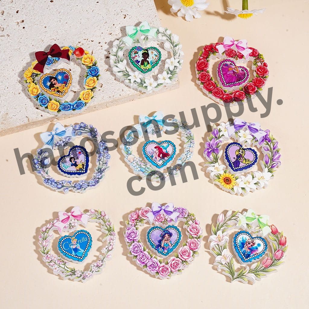 Classic Animation Princess Character Floral Wreath Acrylic Beads with Hollowed Heart Frame, 50*50MM, Random Mix (Please Read Description)