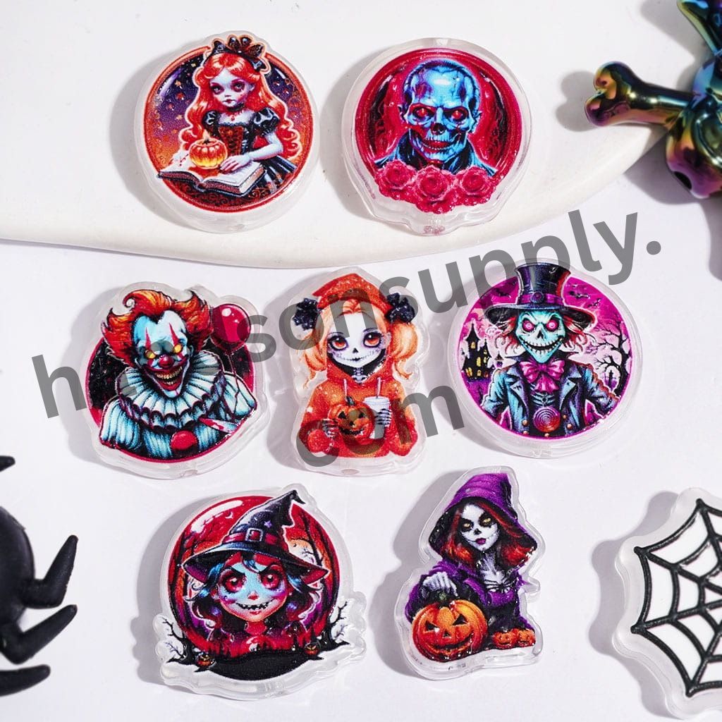 Cute Halloween Theme Witch & Skull Character Acrylic Beads, Variant Designs, Random Mix