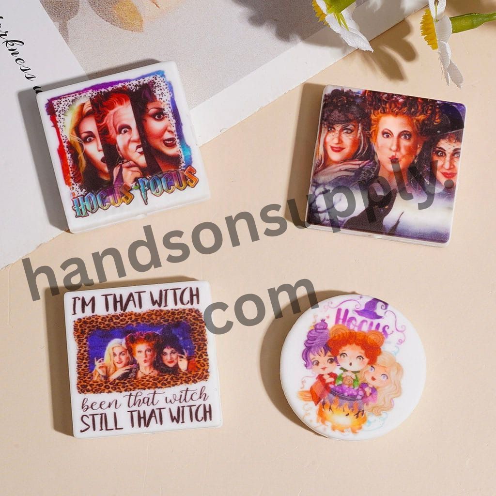 Halloween Witch & Hocus Pocus Spooky Sisters Character Printed Silicone Focal Beads, Assorted Designs, Random Mix