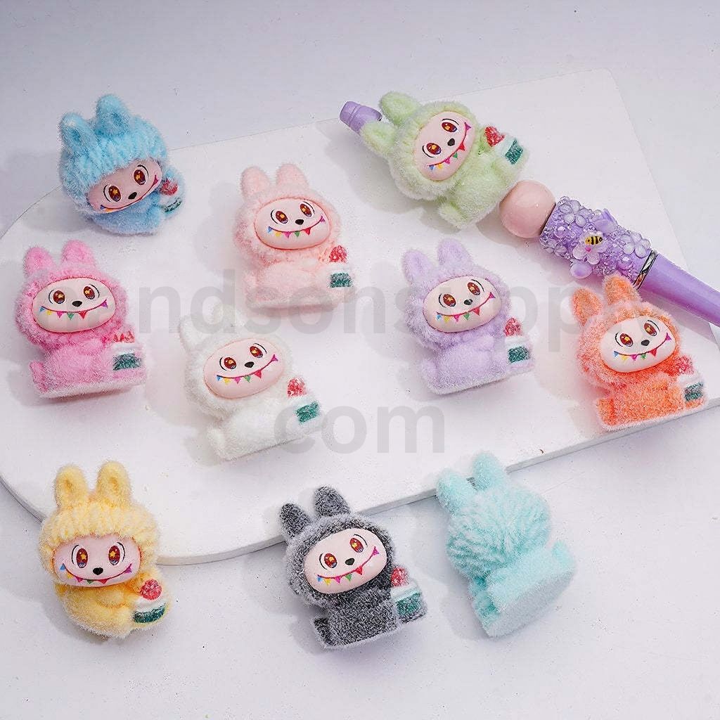 Cute Pendants Pen Topper Flocked Labub with Flower Pot Acrylic Beads Jewelry Accessories, 39*28MM, Random Mix