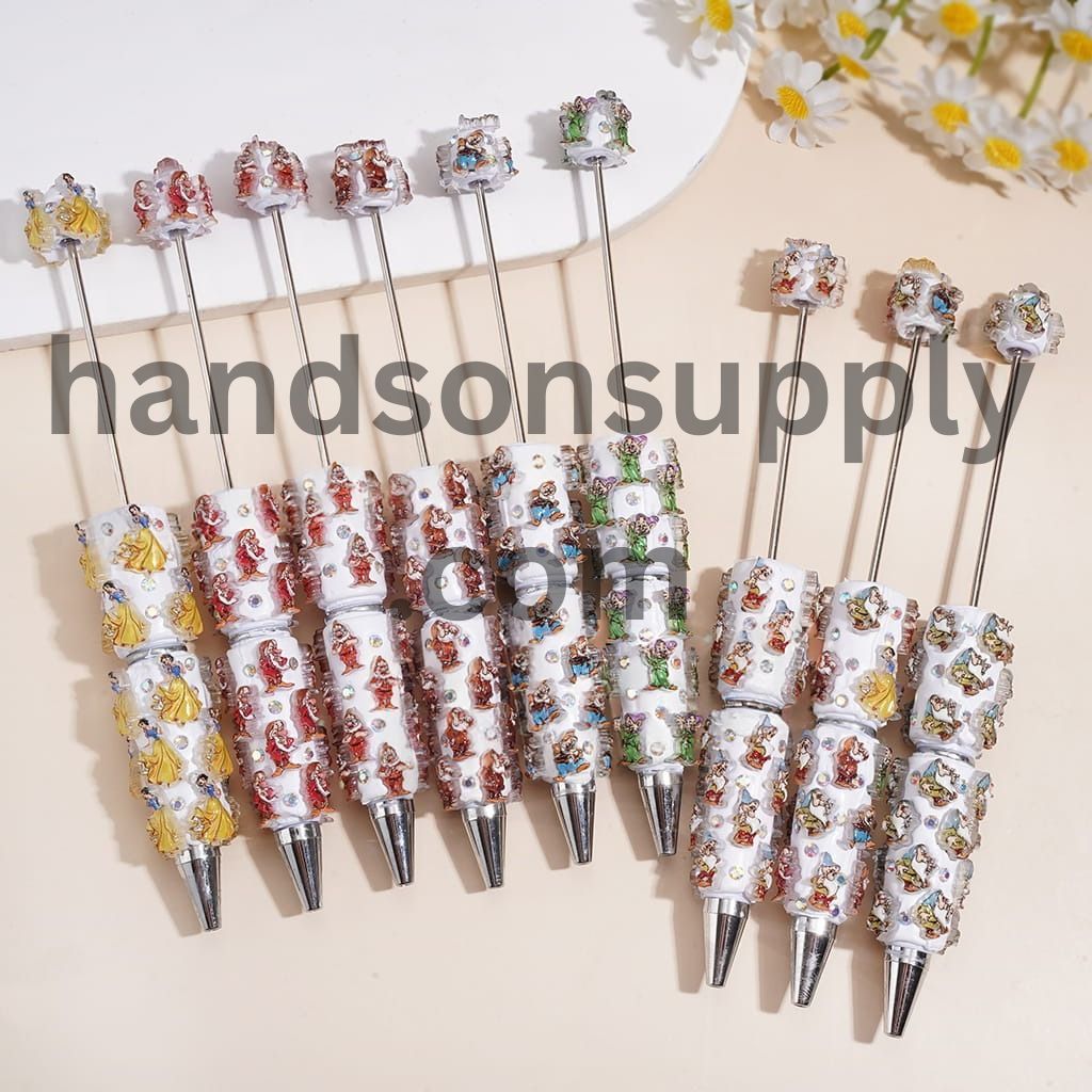 Beadable Clay Pens with White Snow Princess and Seven Gnome Elf Character, AB Rhinestones