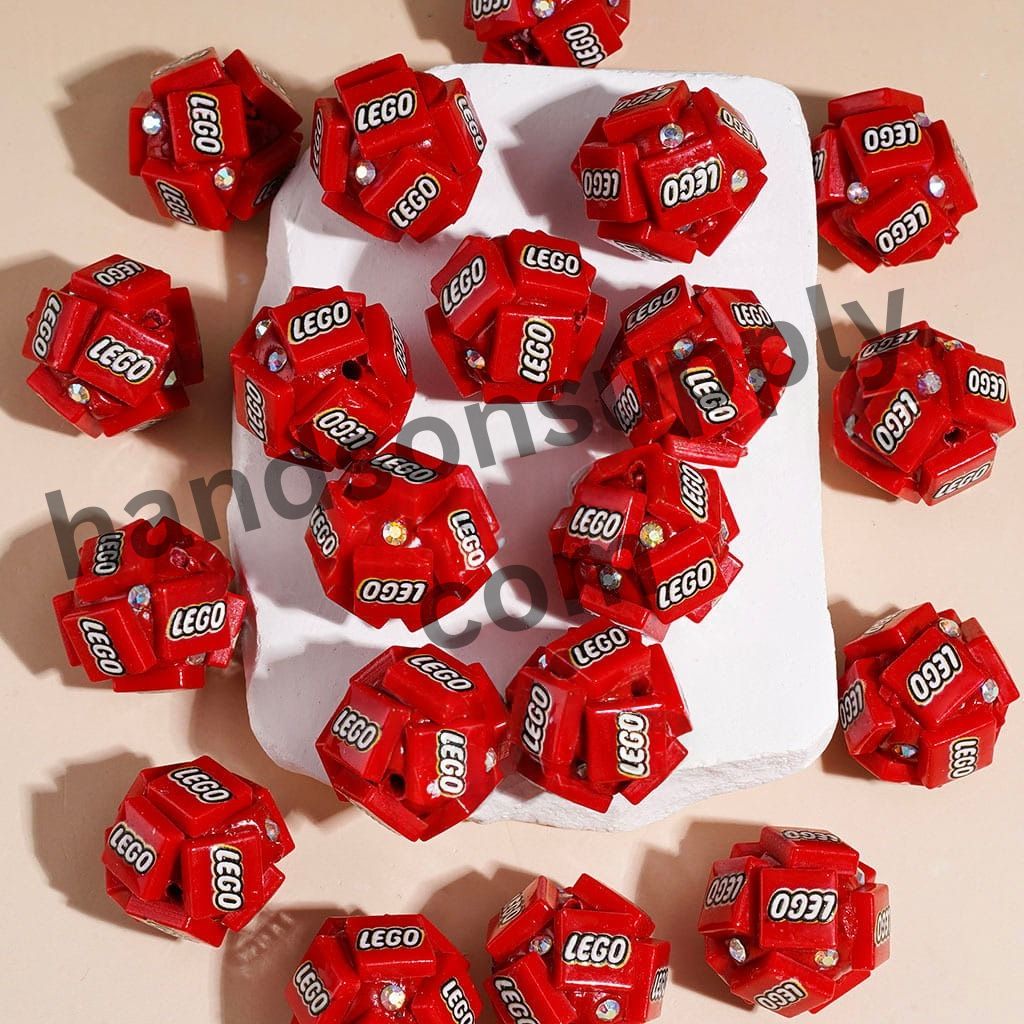 Red Building Block Bricks Pattern Inspired Round Barrel Shape Clay Beads with AB Rhinestones, 20MM