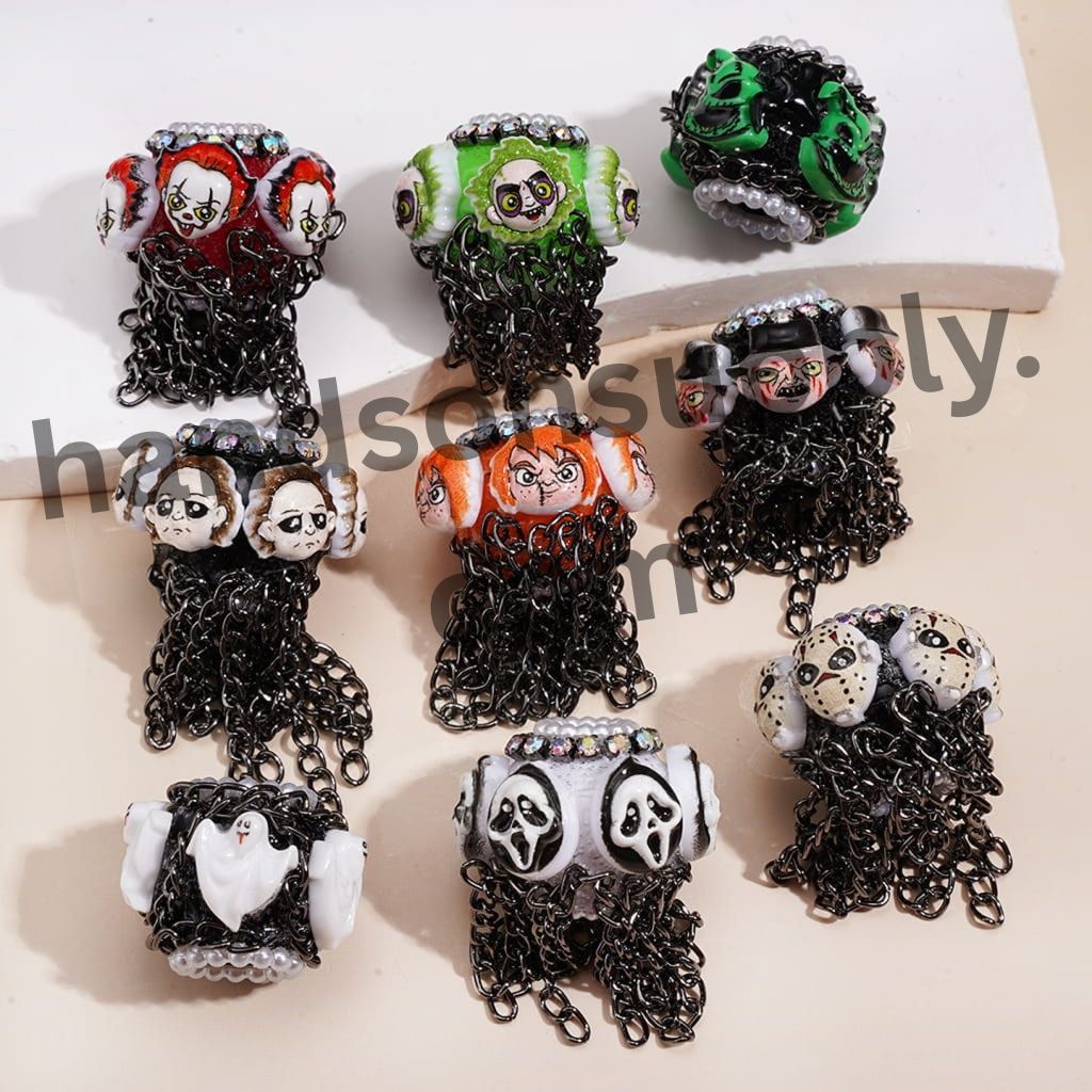 Horror Character with Black Tassel Chains White Pearls & AB Rhinestones Handmade Acrylic Beads