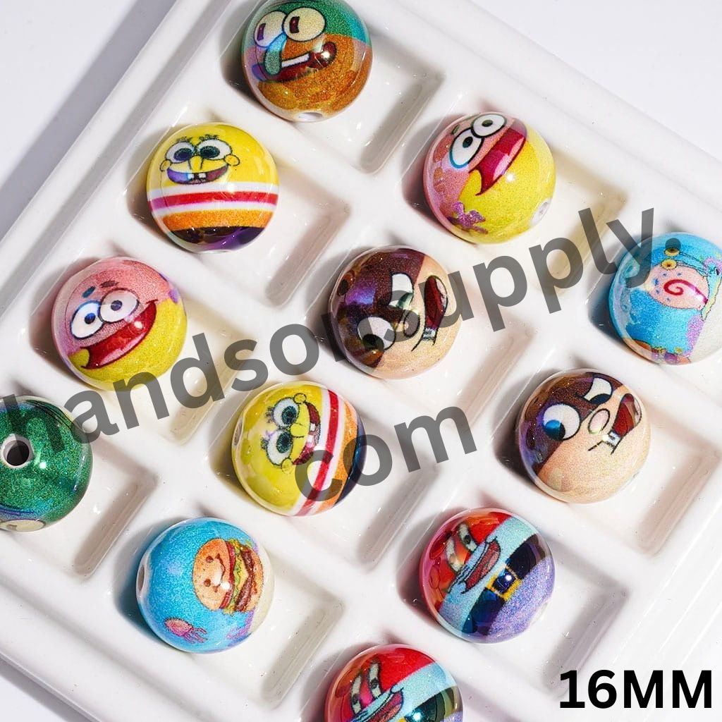 UV-Finished Cheerful Yellow Sponge Cartoon Character Series Printed Round Acrylic Beads for Bracelets, 16MM, Random Mix