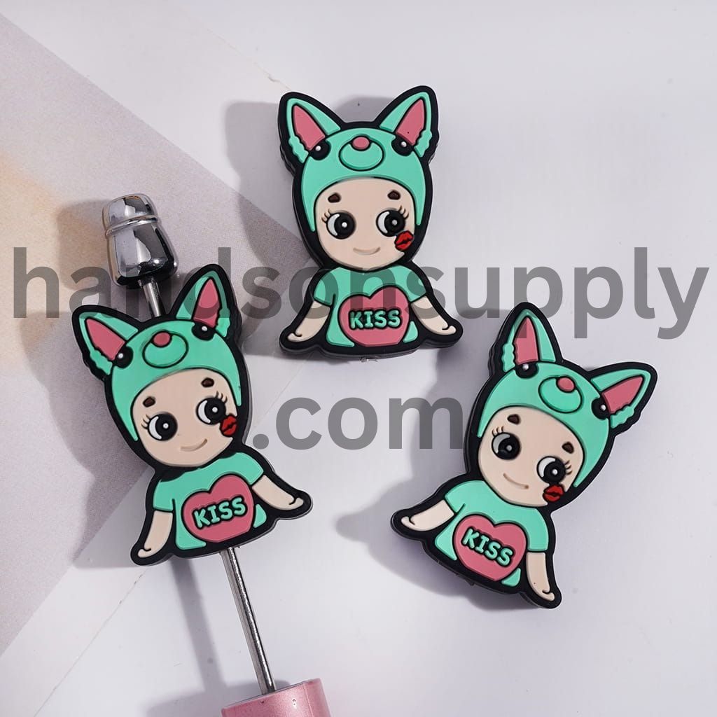 Cute Angel Baby with Animal Hat Text KISS on Chest Silicone Focal Beads