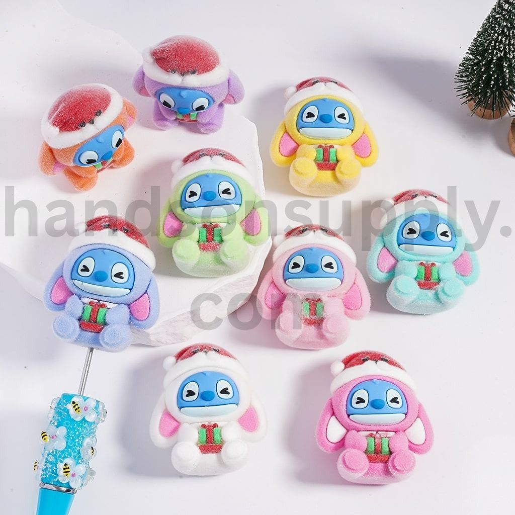 Flocked Fluffy Monster Doll with Christmas Hat Acrylic Beads Pen Toppers & Pendants  Jewelry Accessories Around 37*41MM