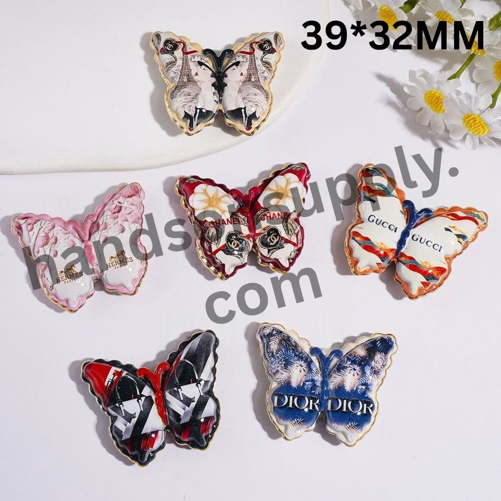 Classic France Fashion & Floral Print with Gold Border Butterfly Shaped Acrylic Beads, 39*32MM, Random Mix