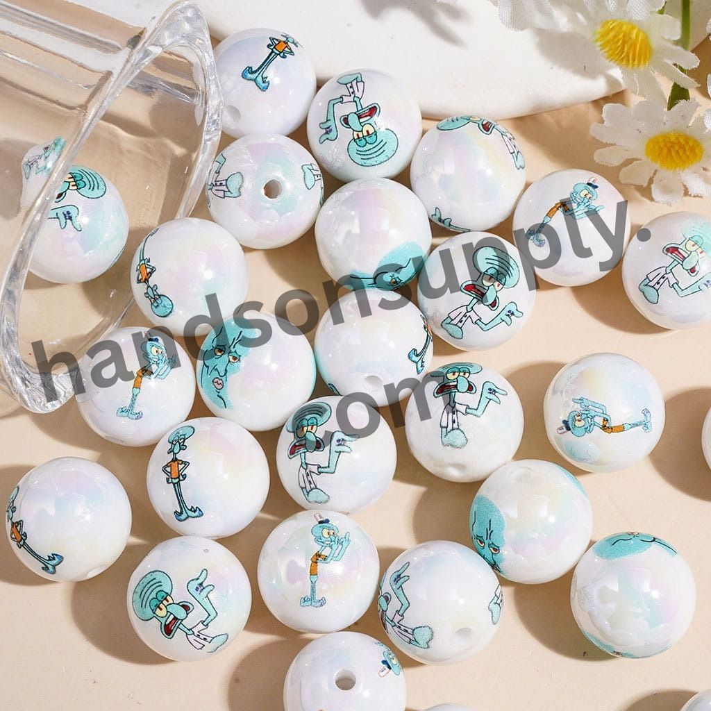 UV-Coated Gloomy Octopus White Pearl Cartoon Squid Character Print Round Acrylic Beads for Bracelets, 16MM, Random Mix