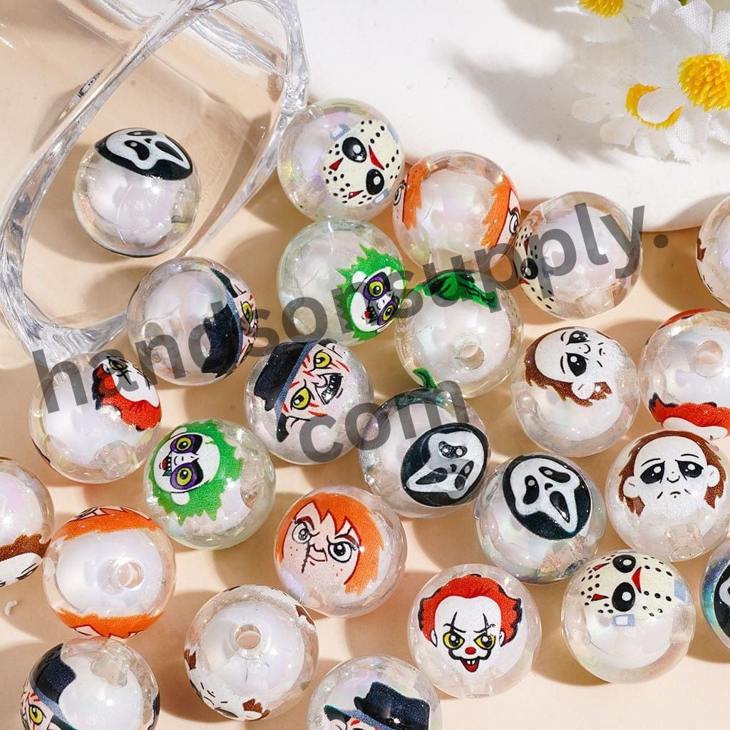 UV-Coated Halloween Horror Character Clear Acrylic Beads, Ghost Face, Clown, Mask & Monster Prints, 16MM, Random Mix
