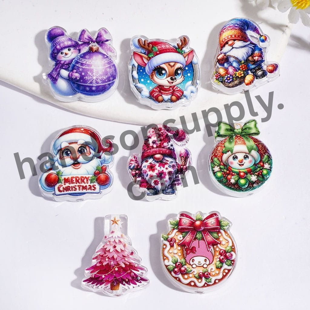 Cute Christmas Theme Snowman, Reindeer, Santa Claus & Christmas Tree Acrylic Beads, Multi-Design Random Mix
