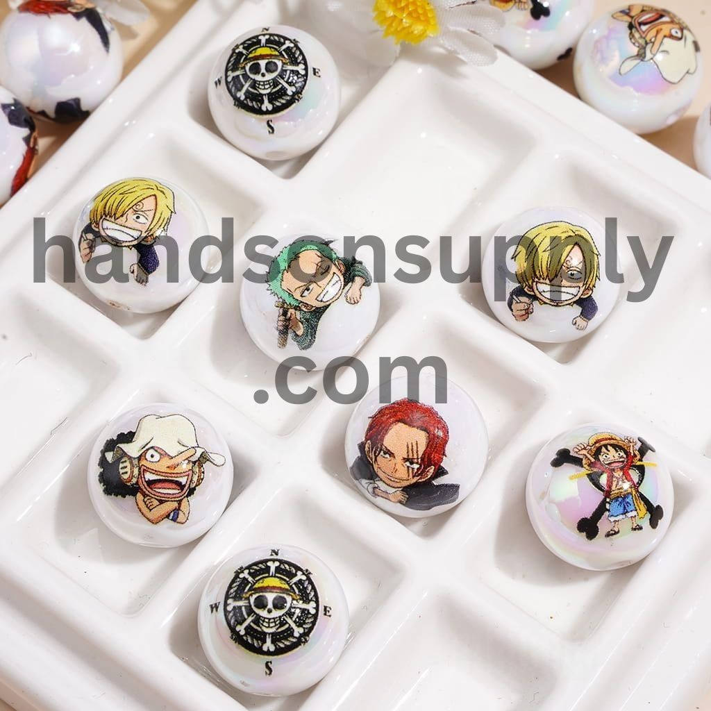 Anime Pirate Crew Cartoon Character Series Glossy UV Coated Printed Round Acrylic Beads for Bracelets, 16MM, Random Mix