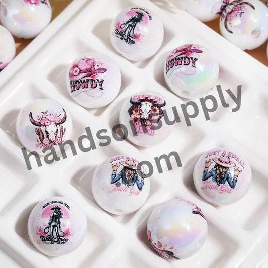 UV Coating Western Cowboys Pink Series Cowgirl Theme Printed Round Acrylic Beads for Bracelets 16MM