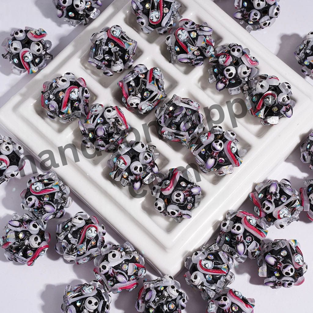 Girl and Boy Skeleton Couple Character Series, Red Hair Clay Beads with AB Rhinestones, 20MM, Random Mix