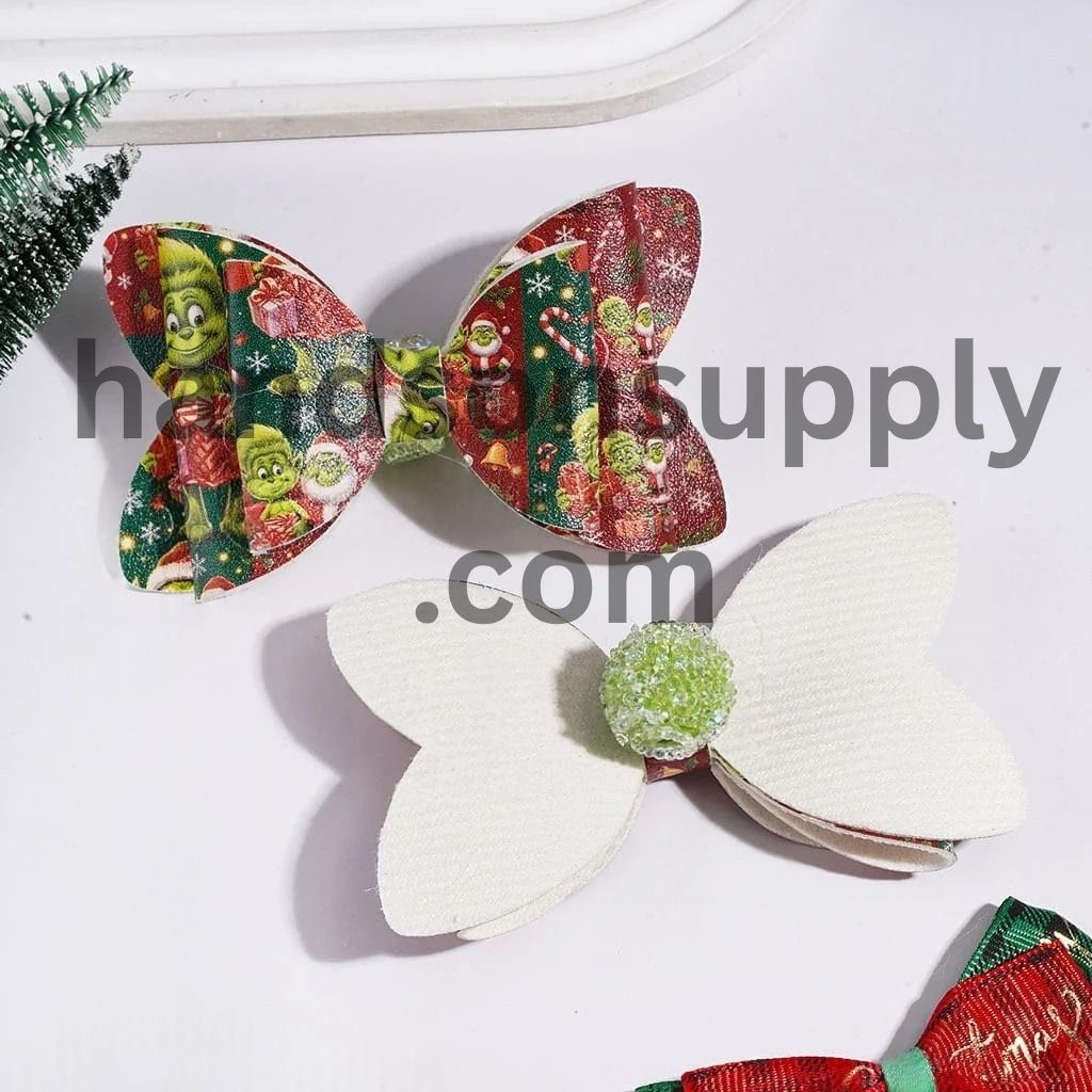 Festive Christmas Green Character Printed Three-Layer Fabric Bowtie with Sparkling Cone-Shaped AB Rhinestones, Clear Pearl Loop & Sugar Beads, Random Mix