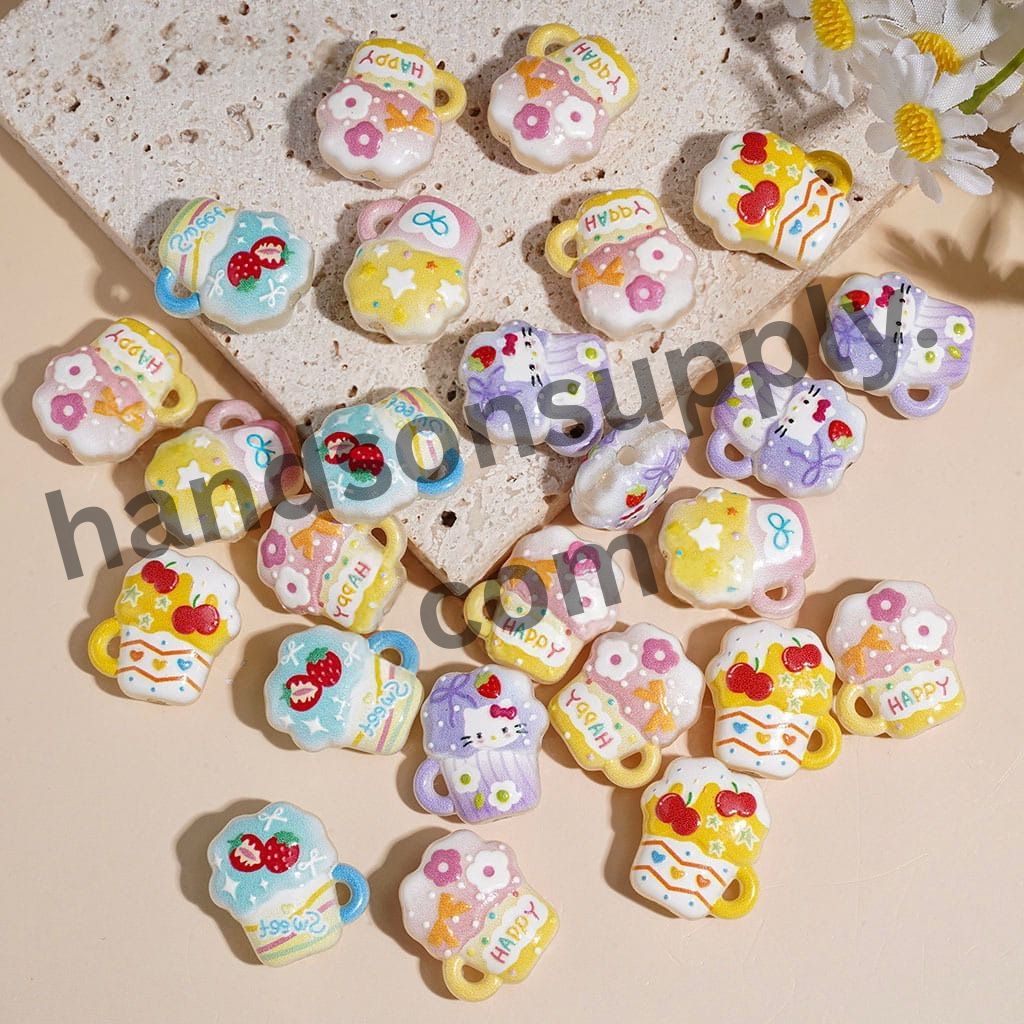 Cute Cartoon Mug Cup with Cat, Strawberry, Cherry, Flowers & Happy Theme, Acrylic Beads, 18*19MM, Multi Designs Random Mix