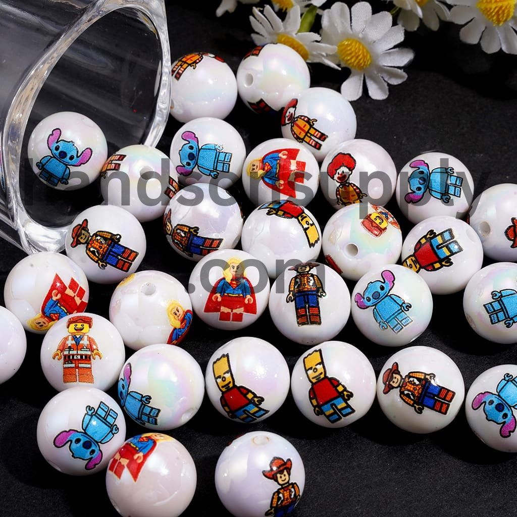 UV Coated Cartoon Building Block Character Acrylic Beads for Bracelets, 16MM, Assorted Designs
