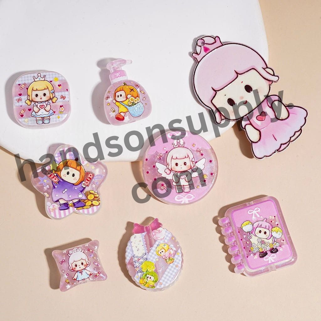 Cute Girl with Straight Bangs Character Printed Pink Series Acrylic Beads Pendants, Assorted Designs, Random Mix
