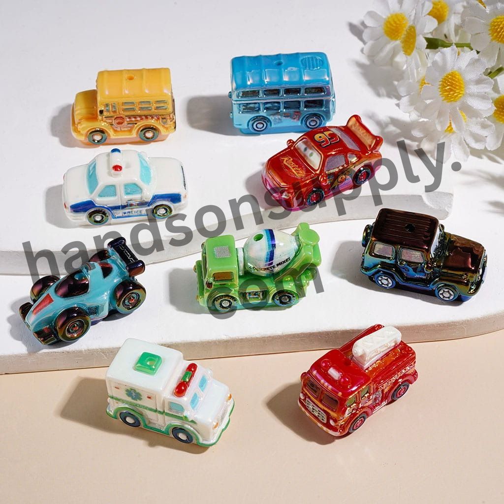 Cute Cartoon Transport Vehicle Series Bus, Police Car, Ambulance, Fire Truck & Race Car Acrylic Beads, Assorted Designs, Random Mix