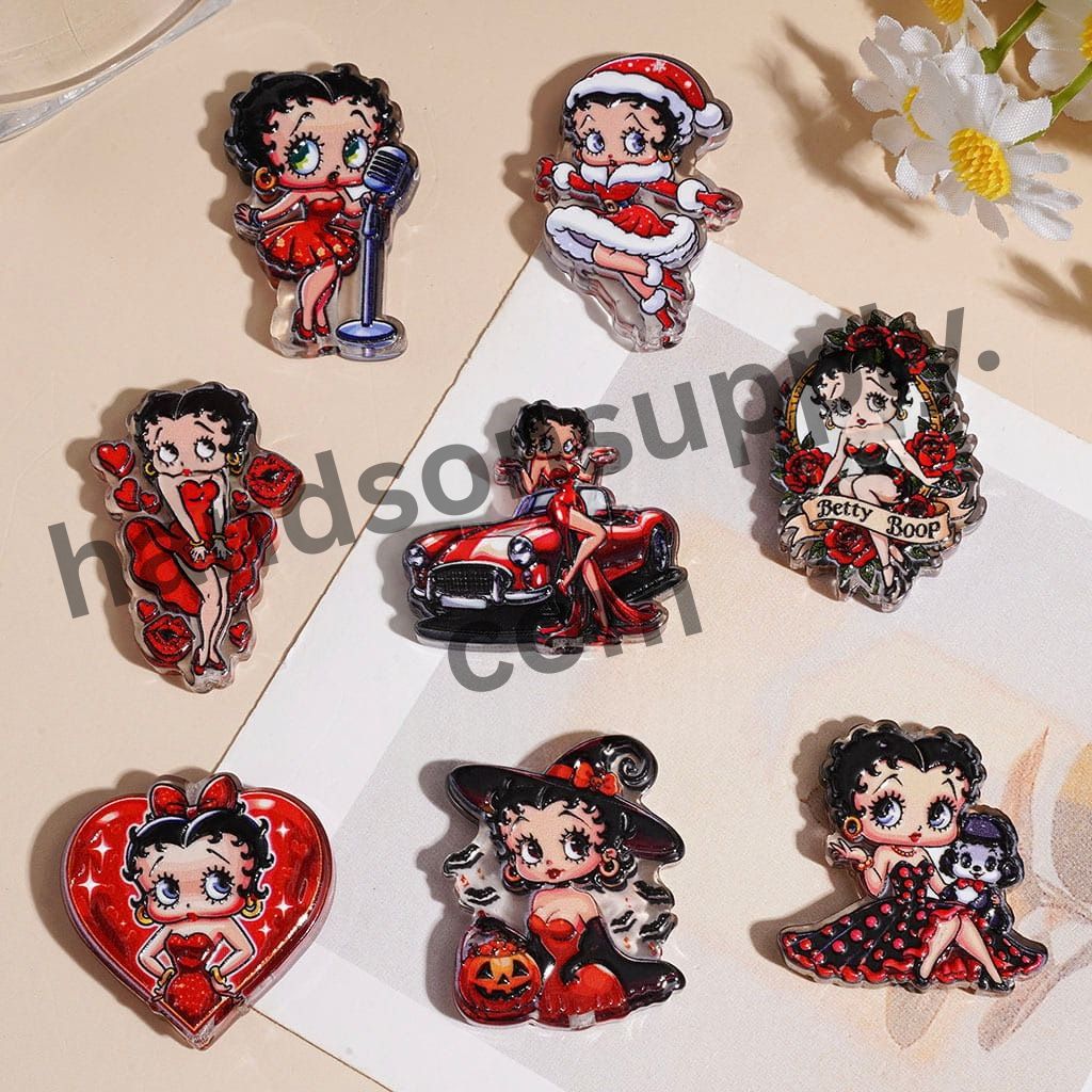 Vintage Betty Boop Cartoon Old Girl Character Halloween & Christmas Red Series Acrylic Beads, Various Shapes, Random Mix