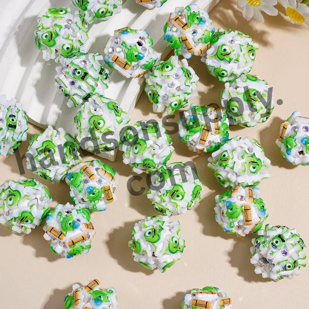 Cute Green One-Eyed Monster Character Clay Beads with AB Rhinestones, 18MM, Assorted Designs, Random Mix