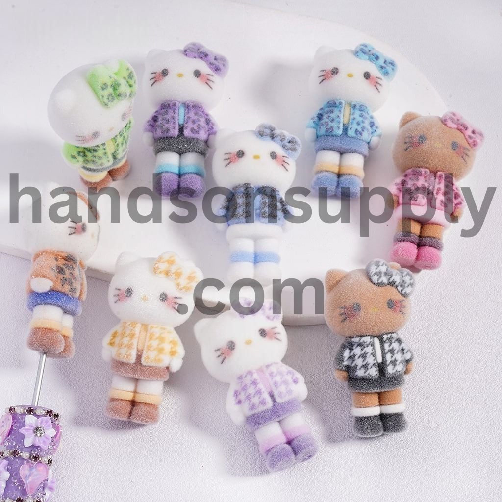 Flocked Fluffy, Multi-Color, Cute Cat Character Figure with Clothes, can be also used as Acrylic Beads or Pen Topper, Height 51MM, Random Mix