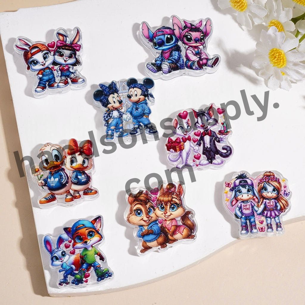 Cute Cartoon Animal Couple Character Acrylic Beads, Romantic Love Theme, Various Shapes, Random Mix