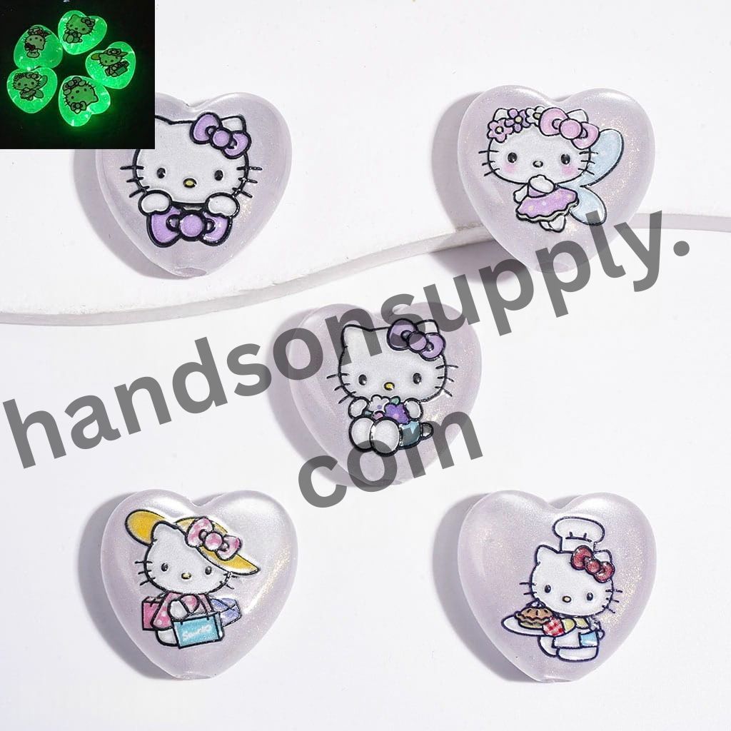 Luminous Heart-Shaped with Adorable Cat Character & Glitter Acrylic Beads, 23*24MM, Random Mix